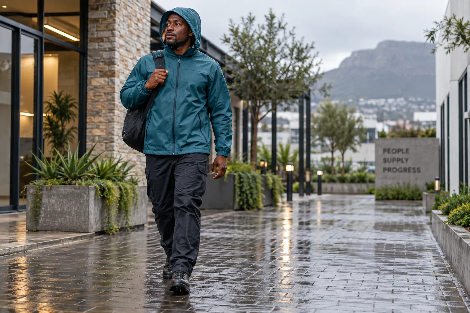 Field-service worker wearing a teal lightweight rain jacket in a wet courtyard